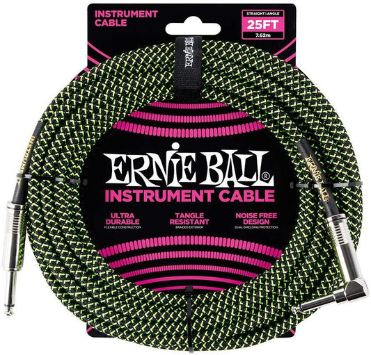 Ernie Ball Braided Straight to Angle Instrument Cable 25 foot in Neon Green Black