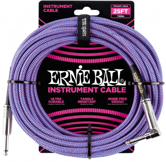 Ernie Ball Braided Straight to Angle Instrument Cable 25 foot in Purple Blue