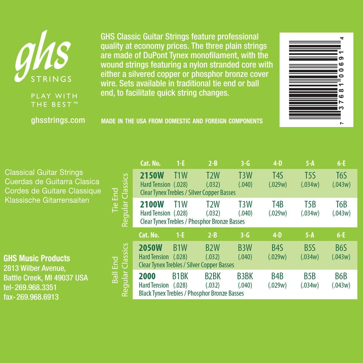 GHS 2050W Ball End Regular Classical Guitar Strings 28 - 43 Gauge