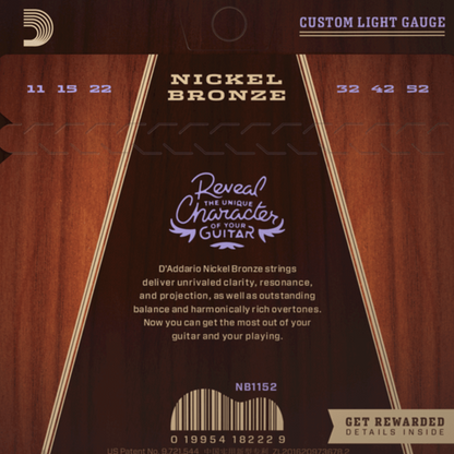 D'Addario NB1152 Nickel Bronze Acoustic Guitar Strings Custom Light 11-52 Gauge