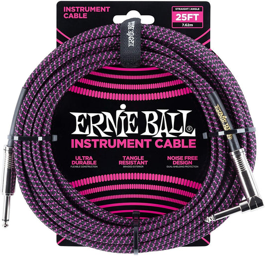 Ernie Ball Braided Straight to Angle Instrument Cable 25 foot in Black Purple