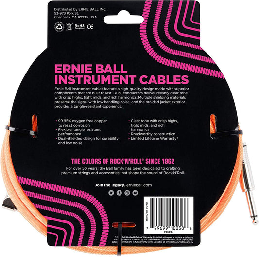 Ernie Ball Braided Straight to Angle Instrument Cable 18 foot in Neon Orange