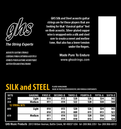 GHS 610 Silk and Steel Silver-Plated Copper Acoustic Guitar Strings 12 String 11-48 Gauge