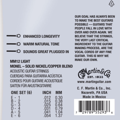 Martin Strings MM12 Retro Monel Acoustic Guitar Strings Light 12-54 Gauge
