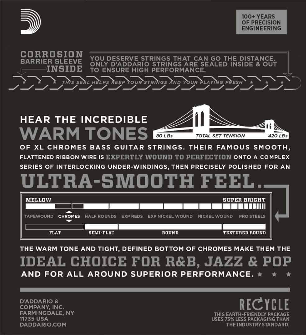 D'Addario ECB81 Chromes Regular Light Long Scale Bass Strings 45-100 Gauge