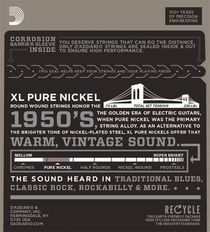D'Addario EPN110 Pure Nickel Electric Guitar Strings Regular Light 10-45 Gauge
