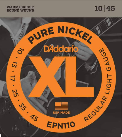 D'Addario EPN110 Pure Nickel Electric Guitar Strings Regular Light 10-45 Gauge