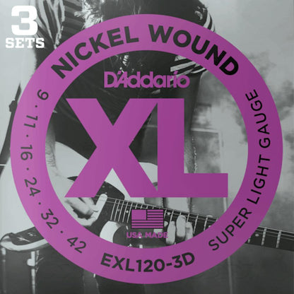 D'Addario EXL120 3D Nickel Wound 3 Sets Electric Guitar Strings Super Light 9-42 Gauge