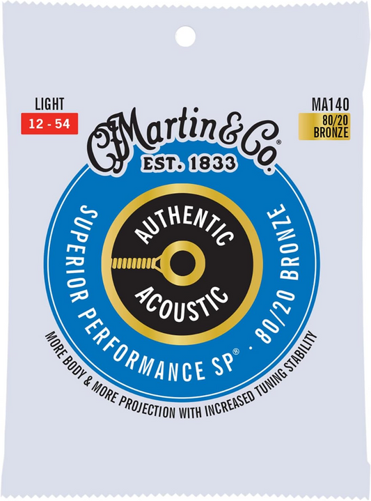 Martin Authentic Acoustic Guitar Strings Superior Performance Light 12-54 Gauge, 80/20 Bronze