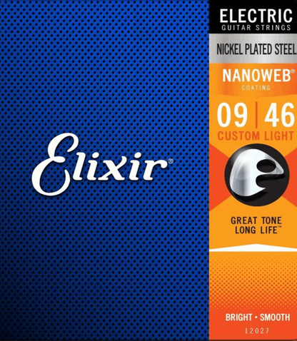 Elixir 12027 Nanoweb Electric Guitar Strings Custom Light 9-46 Gauge