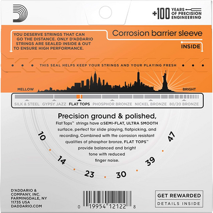 D'Addario Flat Tops Phosphor Bronze Extra Light Acoustic Guitar Strings 10-47 Gauge
