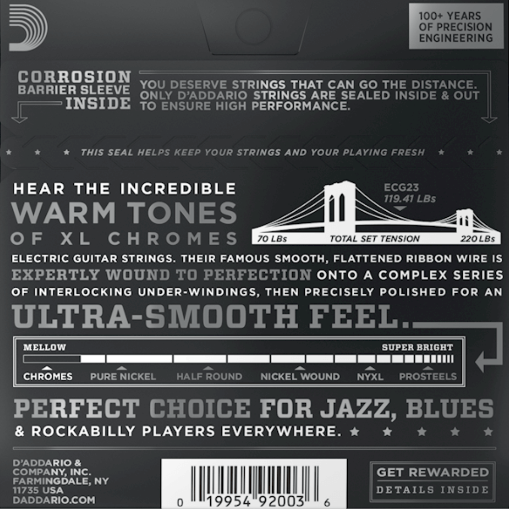 D'Addario ECG23 XL Chromes Flat wound Electric Guitar Strings Extra Light 10-48 Gauge