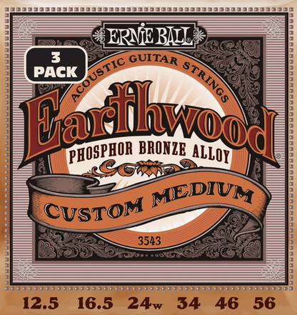 Ernie Ball Earthwood Custom Medium Phosphor Bronze Acoustic Guitar Strings 3 Pk 12.5-56 Gauge