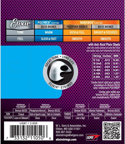 Elixir 11050 Polyweb 80/20 Bronze Acoustic Guitar Strings Light 12-53 Gauge