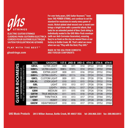 GHS GB9 1/2 Boomers Electric Extra Light Guitar Strings 9.5-44 Gauge