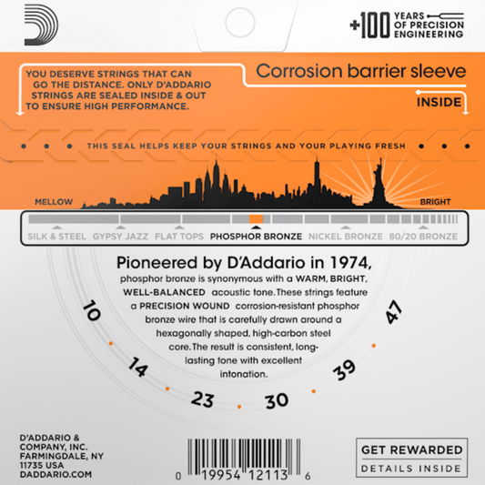 D'Addario EJ15 Phosphor Bronze Acoustic Guitar Strings Extra Light 10-47 Gauge
