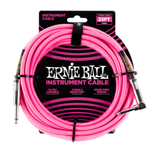 Ernie Ball Braided Straight R to Angle Instrument Cable 25 foot in Neon Pink