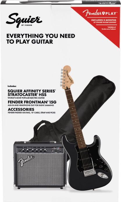 Squier Affinity Series Stratocaster HSS, Laurel Fingerboard Electric Guitar Pack in Charcoal Frost Metallic