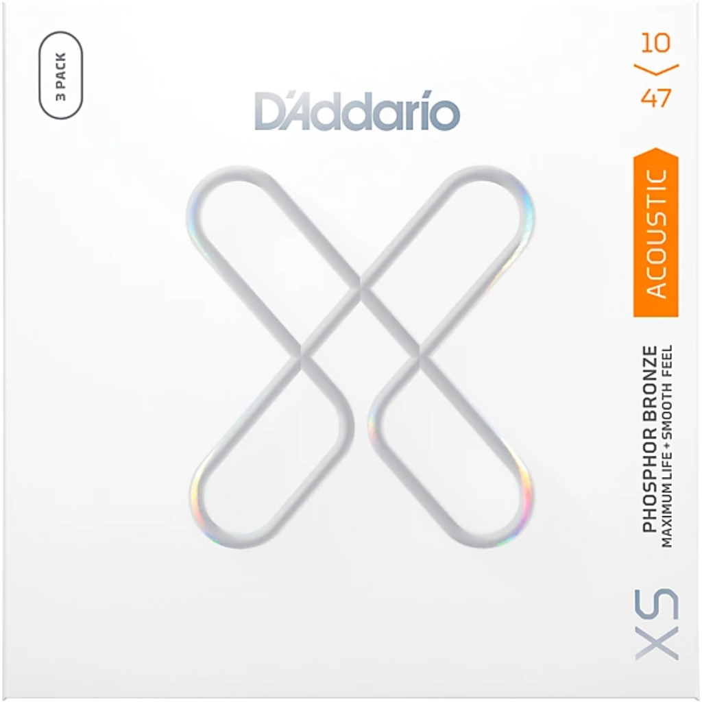 D'Addario XS Phosphor Bronze Extra Light Coated Acoustic Guitar Strings 3 Pack 10-47 Gauge
