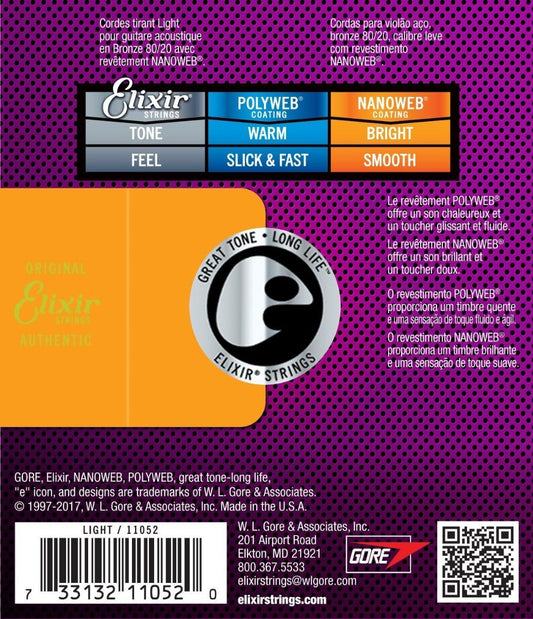 Elixir 11052 Nanoweb 80/20 Acoustic Guitar Strings Light 12-53 Gauge