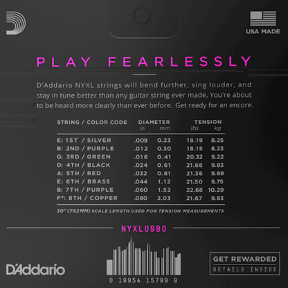 D'Addario NYXL0980 Nickel Wound 8 String Electric Guitar Strings Super Light 09-80 Gauge