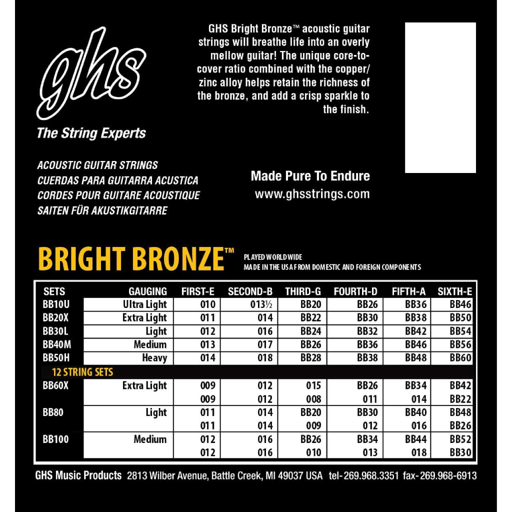 GHS BB30L Bright Bronze Acoustic Guitar String 12-54 Gauge