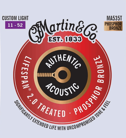 Martin Strings MA535 Authentic 92/8 Phosphor Bronze Acoustic Guitar Strings Custom Light 11-52 Gauge