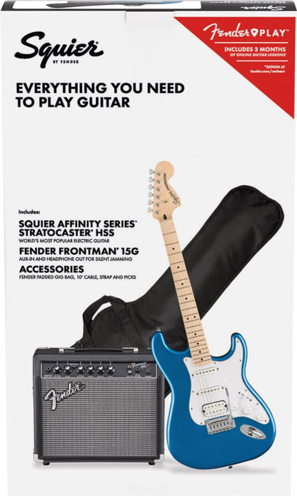 Squier Affinity Series Stratocaster HSS, Maple Fingerboard Electric guitar Pack in Lake Placid Blue