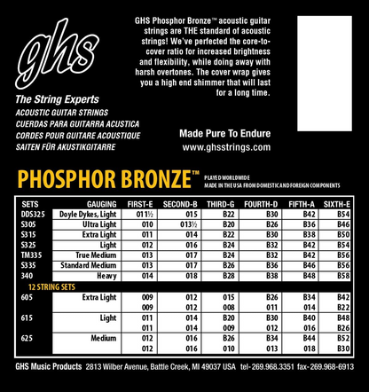 GHS 605 Extra Light Phosphor Bronze Acoustic Guitar Strings 12 String 9-42 Gauge