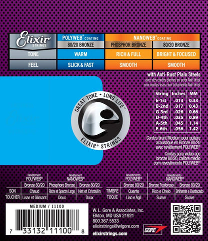 Elixir 11100 Polyweb 80/20 Bronze Acoustic Guitar Strings Medium 13-56