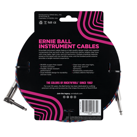 Ernie Ball P06063 Braided Straight to Right Angle Instrument Cable 25 foot in Black Red Blue White