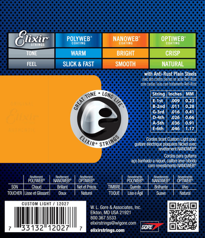 Elixir 12027 Nanoweb Electric Guitar Strings Custom Light 9-46 Gauge
