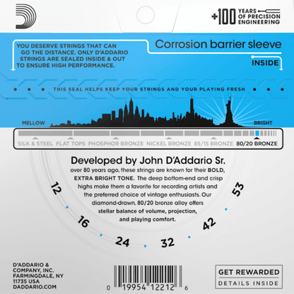 D'Addario EJ11 80/20 Bronze Acoustic Guitar Strings Light 12-53 Gauge